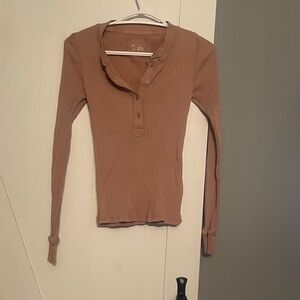 Aerie Long Sleeve Ribbed Henley - Tan